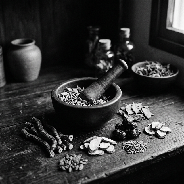 Dried herbs and mortar and pestle